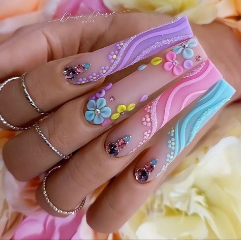 Acrylic Nail Spring, Pastel Colors Nails, Long Spring Nails, Nail Designs Long Nails, Long Nail Inspiration, Long Nails Inspiration, Student Challenges, Long Nail Designs Square, Spring Nails Long