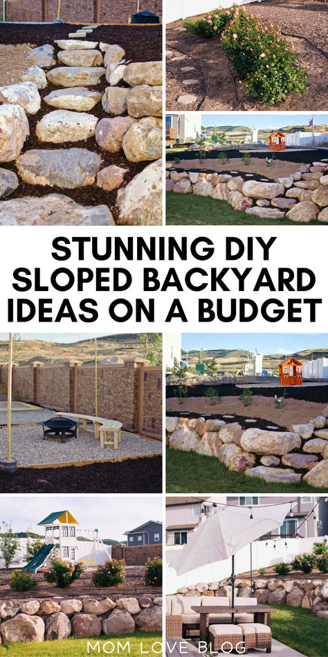 Collage of DIY sloped backyard ideas on a budget. Low Maintenance Backyard Landscape Ideas, Backyard Dirt Makeover, Realistic Backyard Ideas, Diy Sloped Backyard Ideas, Small Backyard Ideas Landscaping, Easy Garden Ideas On A Budget, Small Backyard Diy, Diy Small Backyard Ideas, Garden On A Slope