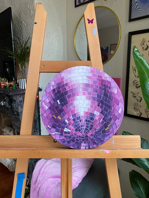 IG kaylaestaart Disco Ball Paintings, Disco Ball Canvas, Purple Disco Ball, Disco Ball Wall Art, Disco Ball Wall, Purple Disco, Art Disco, 4th Grade Art, Textured Canvas Art