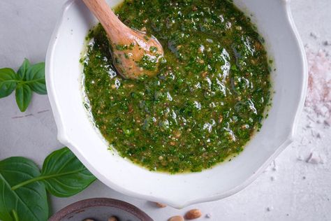 Basil Pesto Pesto Food, Ramp Pesto, Seared Shrimp, Basil Pesto Recipe, Chimichurri Sauce Recipe, Eggplant Caponata, Basil Pesto Recipes, Candied Almonds, Italian Recipes Easy