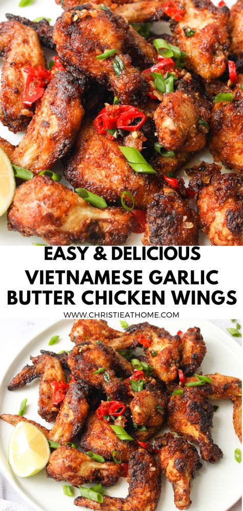 Vietnamese Garlic Butter Chicken Wings. Crispy deep fried chicken wings coated in a sweet tangy garlic butter sauce. These wings are so delicious and super addictive if you have zero self control. Great for dinner, lunch, or as a snack. Easy to make at home. #recipes #fishsauce #marinade #vietnamese recipes authentic #vietnamese cuisine #asian chicken wings #vietnameserecipe #vietnamesefood #vietnameserecipes #asianrecipe #asianrecipes #asianfood #vietnamesechicken #chickenwings #chicken #wings Garlic Butter Chicken Wings, Butter Chicken Wings, Chicken Wings Crispy, Wings Crispy, Asian Chicken Wings, Deep Fried Chicken Wings, Deep Fried Chicken, Awesome Chicken, Snack Easy