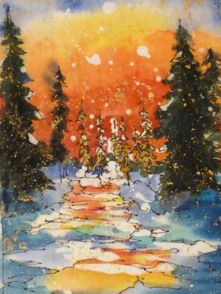 Winter+Sunset+5"+x+7"+Watercolor+Batik+on+Rice+Paper+ Batik Watercolor, Fabric Techniques, Batik Ideas, Batik Painting, Painting Landscapes, Paper Art Projects, Glass Inspiration, Batik Art, Winter Sunset