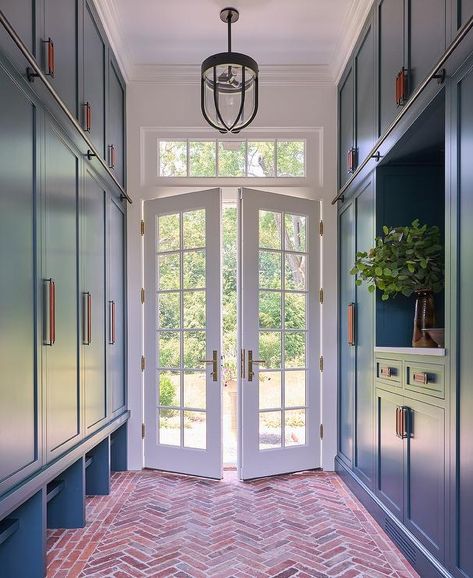 Black Beadboard Backsplash, Herringbone Pavers, Brick Floors Mudroom, Brick Herringbone, Beadboard Trim, Arched French Doors, Black French Doors, White French Doors, Built In Lockers