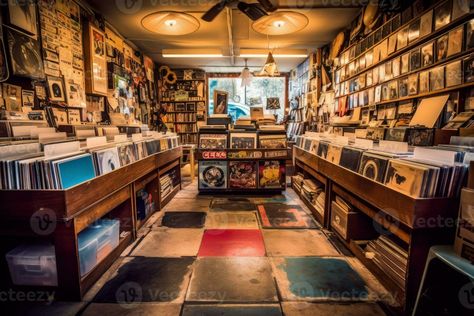 An interior shot of a retro record store with shelves filled with vinyl records from the 1960s, evoking nostalgia and capturing the music culture of the time. Generative AI Retro Record Store, Music Store Interior, Vinyl Record Store, Store Layout, Old School Music, Music Shop, Record Shop, Music Store, Cityscape Photos