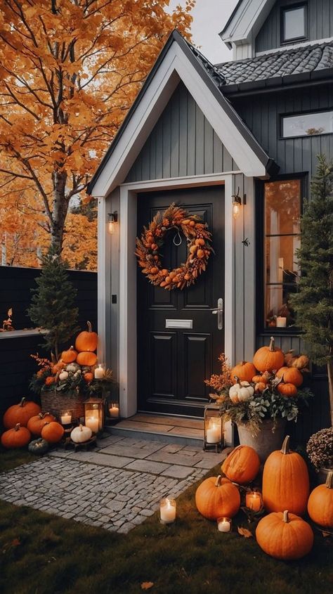 Fall House Decor Outdoor, Cabin Front Porch, Morgan Core, Pumpkins And Candles, Fall Porches, Spooky Halloween Pictures, Fall Scenes, Fall Front Door Decor, Modern Wooden House