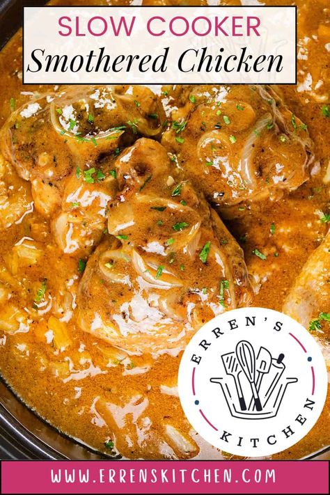 Smothered Chicken Thighs and Gravy Smothered Chicken With Gravy Crock Pots, Chicken Thighs And Gravy, Crockpot Smothered Chicken, Smothered Chicken With Gravy, Smothered Chicken Thighs, Chicken Thighs Slow Cooker Recipes, Smothered Chicken Recipe, Chicken With Gravy, Smothered Chicken Recipes