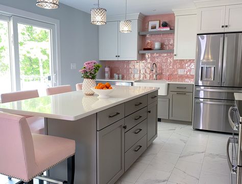 Gray and white kitchen cabinets with a pink tile backsplash. See full kitchen on our blog. #pinkkitchen #pinktiles #tilebacksplash #pinkkitchenideas #kitchendesign #openshelving Pale Pink Kitchen Backsplash, Light Pink Kitchen Tiles, Coral Backsplash Kitchen, Pink Grey Kitchen Ideas, Pink Backsplash Kitchen Tile, Kitchen Ideas Pink And White, Pink Splashback Kitchen, Pink Kitchen Backsplash Ideas, Gray And Pink Kitchen