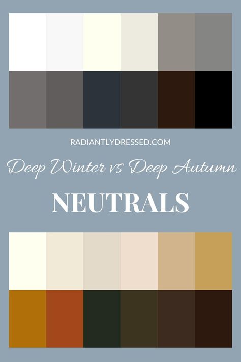 Deep Winter vs. Deep Autumn: Undertones to find your perfect match—cool blues + vivid purples for Dark Winter's icy contrast, or warm, earthy tones for Dark Autumn's rich warmth. The magenta-rust test to distinguish your true season, enhancing natural beauty. Explore contrasts + neutrals, from stark blacks + whites of Winter to Autumn's creamy ivories. Discover your color season + transform your wardrobe w/ our comprehensive guide, blending analysis w/ simple tests for a tailored, vibrant look. Dark Neutral Fashion, Deep Autumn Vs True Autumn, Dark Autumn Neutral Color Palette, Deep Winter Deep Autumn, Deep Winter Color Palette Men, Dark Autumn Neutrals, Deep Autumn Vs Deep Winter, Deep Winter Neutrals, Deep Winter Vs Deep Autumn