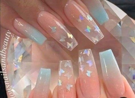 Nail Designs With Clear Nails, Cute Nails Acrylic Coffin Blue, Cuffing Nail Design, Acrylic Nails For Birthday Summer, Spring Nails Butterflies, Birthday Nails Summer, Uñas Aesthetic, Blue Ombre Nails