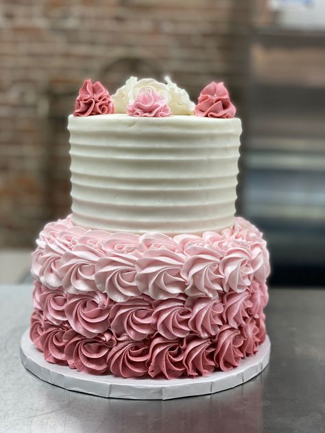 Rosette Cake 2 Tier, Two Tier Rosette Cake, 70th Birthday Cake For Women, Pink Rosette Cake, Buttercream Rosettes, Gold And White Cake, 75 Birthday Cake, Pink Baby Shower Cake, Tiered Cakes Birthday