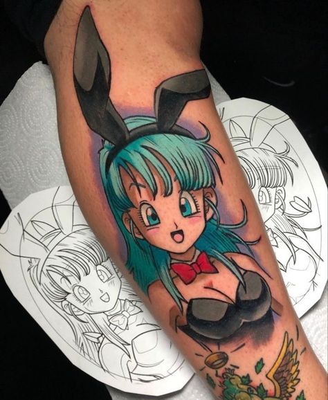 Bulma Tattoo Ideas, Bunny Bulma, Yugioh Tattoo, Hen Tattoo, Watercolor Wolf Tattoo, Brother And Sister Tattoo Ideas, Dbz Tattoo, Sister Tattoo Ideas, Hunter Tattoo