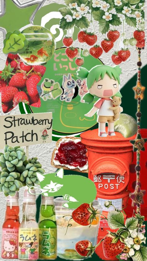 :3 #juminocore #green #wallpaper #anime #maximalism #strawberry #cute Anime Maximalism, Juminocore Wallpaper Lockscreen, Juminocore Background, Juminocore Wallpaper, Mimi Core, Mobile Layout, Strawberry Cute, Green Strawberry, Strawberry Patch