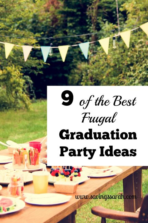 Want to celebrate, in a budget-friendly way, a high school or college graduation? These 9 Frugal Graduation Party Ideas are the perfect solutions. Graduation Foods, Party Ideas College, Outdoor Graduation Party, Boys High School Graduation Party, Graduation Gift Basket, College Budget, Graduation Gifts For Boys, Graduation Food, Trunk Party