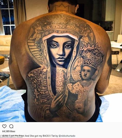 Diddy shows off enormous tattoo of Virgin Mary and Child | Daily Mail Online Madonna Tattoo, Holy Tattoos, Nikko Hurtado, Dark Skin Tattoo, Sean Diddy Combs, Geometric Tattoo Arm, Full Back Tattoos, Chest Tattoos, Full Sleeve Tattoos