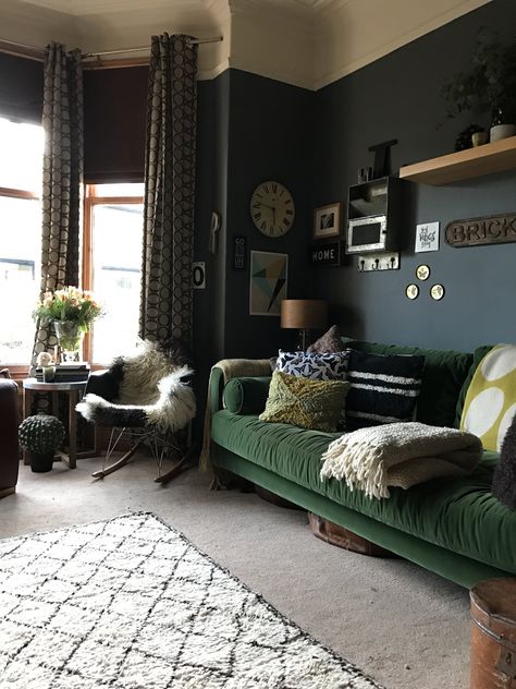 Nicola's favorite room? The living room. The walls feature Downpipe by Farrow and Ball. Victorian Living Room Modern, Dark Living Room Decor, Dark Moody Living Room, Green Couches, Farrow And Ball Living Room, Moody Victorian, Green Sofa Living, Moody Living Room, Victorian Living Room