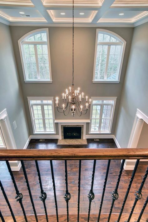 Two Story Family Room with Coffered Ceilings. Two Story Family Room, 2 Story Family Room, Recessed Lighting Living Room, High Ceiling Living Room, Living Room Light Fixtures, Living Room Design Inspiration, Foyer Decorating, Living Room Ceiling, Coffered Ceiling