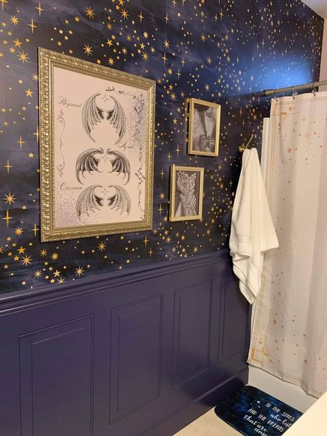 Stargazing Ideas, Victorian House Aesthetic, Bathroom Dark Blue, Forest Room Ideas, Bathroom Dark Green, Celestial Bathroom, Starry Night Bedroom, Celestial Goth, Green Celestial