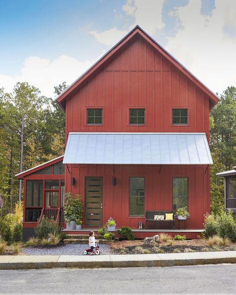 Good Porches Make Good Neighbors. Modern Farmhouse Exterior Design, Rustic Farmhouse Exterior, Farmhouse Exterior Design, Exterior Design Ideas, Barndominium Floor Plans, Small Farmhouse, Modern Farmhouse Exterior, Red House, Metal Building Homes