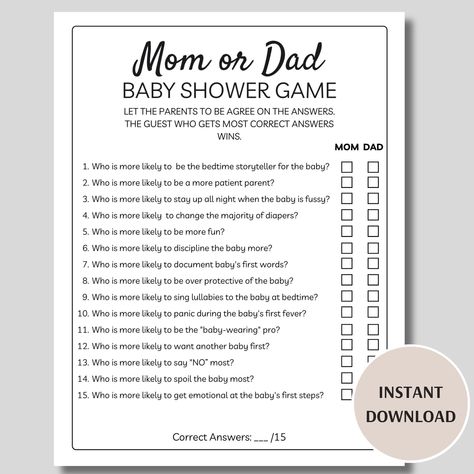 "This printable Mom or Dad Baby Shower game will add even more fun to your Baby shower party. It is a fun baby shower game to play with friends and family! This fun Mommy or Daddy game has minimalist design and is perfect for neutral baby shower as well as boho baby shower. This is a digital download. No Physical product will be sent. This item is not editable. Included:  * 1 US letter game card  * 5\"x7\" game cards (2 per page on US letter) Instructions: * Download your game from the email Etsy will send you or from the purchases section of your Etsy account * Print your game (print and cut out if using 5\"x7\" game card) * Have fun playing * Contact me if you have any questions about this item" Fun Unisex Baby Shower Games, Quick Baby Shower Games Simple, Baby Shower Him Or Her Game, Guess Who Mom Or Dad Baby Shower Game, Fun Men Baby Shower Games, This Or That Baby Shower Game, Minute To Win It Games For Baby Shower, Baby Shower Games For Big Group, Whos My Mama Baby Shower Game