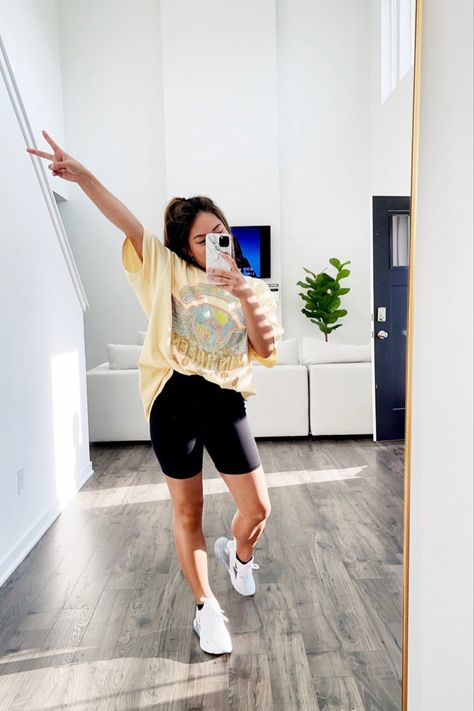 Black biker shorts outfit: Oversized Van Halen Band tee with white Nike’s Follow me in the @LIKEtoKNOW.it shopping app to shop this post and get my exclusive app-only content! #liketkit #LTKstyletip #LTKunder50 #LTKunder100 @liketoknow.it http://liketk.it/3iuMG Nike Biker Shorts Outfit, Oversized Band Tee Outfits, Plain White Tees, Style Biker Shorts, Band Tee Outfits, Oversized Band Tee, Oversized Shirt Outfit, Tee Shirt Outfit, Biker Shorts Outfit