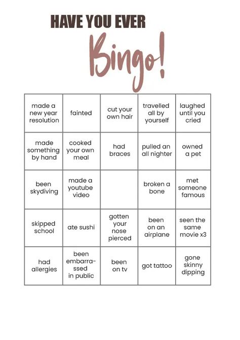 Bingo Have You Ever, Have You Ever Bingo, Fun Night With Friends, Lesson Activities, Bingo Template, Free Printable Games, Appreciation Ideas, Night With Friends, Bingo Printable