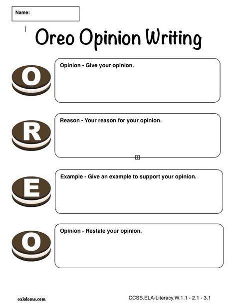 iPad Graphic Organizer - OREO Opinion Writing - Plain (iPad Pages Template): http://oakdome.com/k5/lesson-plans/iPad-lessons/ipad-common-core-graphic-organizer-oreo-opinion-writing.php: Oreo Opinion Writing, Opinion Writing Graphic Organizer, Writing Graphic Organizers, 3rd Grade Writing, 2nd Grade Writing, 1st Grade Writing, Writing Anchor Charts, 4th Grade Writing, First Grade Writing