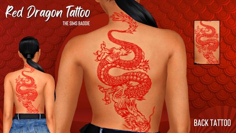 Red Dragon Back Tattoo - The Sims 4 Catalog Sims 4 Cc Full Body Tattoos, Sims 4 Red Tattoos, Sims 4 Chinese Tattoo, Tattoo Sims 4 Cc Male, Red Dragon Back Tattoo, Sims Tattoo, Sims People, Sims Baddie, Dragon Back Tattoo