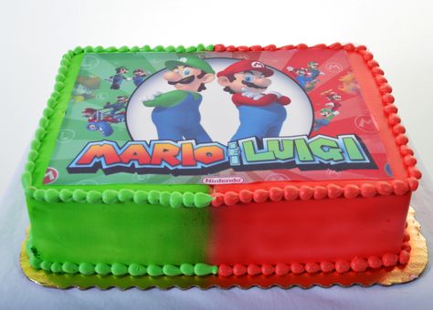 Super Mario And Luigi Cake, Mario And Luigi Cake Ideas, Mario And Luigi Birthday Cake, Mario Luigi Cake, Mario Birthday Cakes, Mario And Luigi Desserts, Mario And Luigi Cake, Luigi Cake Birthdays, Super Mario Brothers Cake