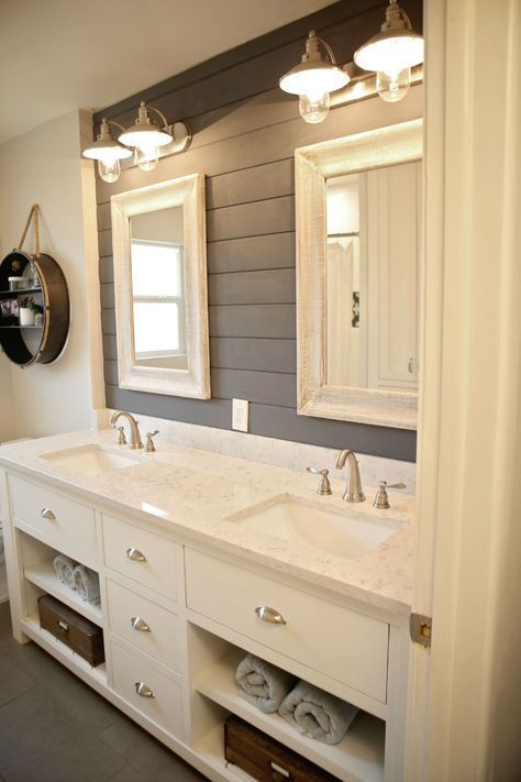 Love this gray shiplap bathroom from http://countryliving.com. The Rustic Collection has two shades of gray we think you'll love too! Sold exclusively at Lowe's. 1950s Bathroom Remodel, Makeover Kamar Mandi, Design Seed, Shiplap Bathroom, Interior Design Minimalist, Bad Inspiration, Vanity Area, Americana Decor, Farmhouse Bathroom Decor