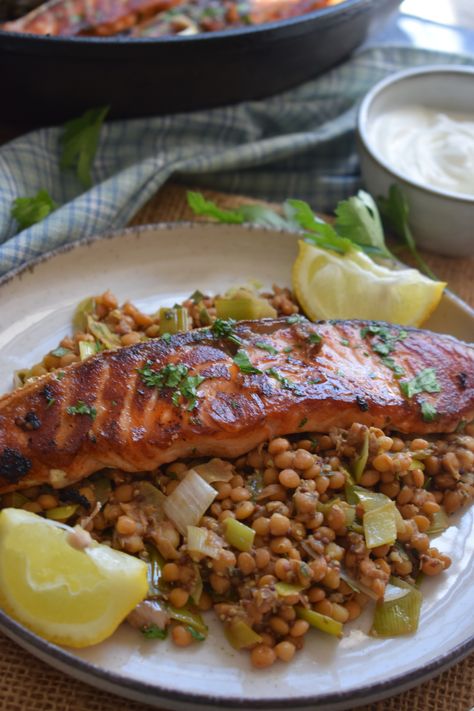 Salmon with Herb Butter Lentils Salmon And Lentils, Butter Lentils, Baked Lentils, Salmon Lentils, Mushroom Wild Rice, Salmon Stir Fry, Lemon Juice Recipes, Lentil Dishes, Dried Lentils