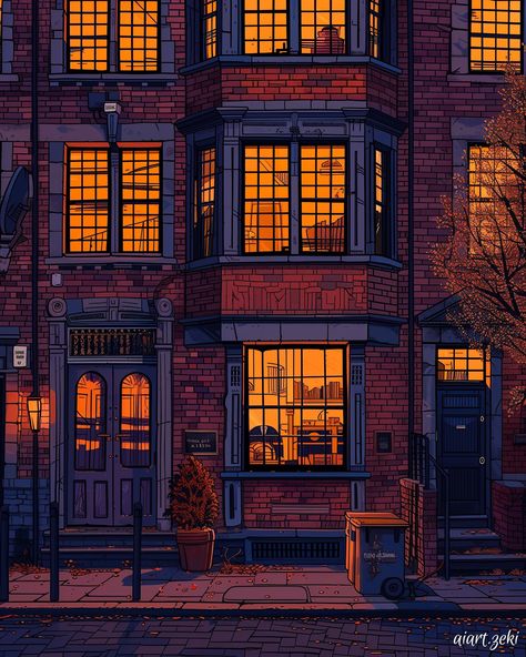 "Warm lights spill from cozy city buildings, painting the brick facades in a soft glow as evening settles in. 🌆🏠" °❀⋆.ೃ࿔*:･ ─── ❤️ ───… | Instagram Buildings Painting, Cozy City, Christmas In The City, Building Illustration, Glowing Art, Brick Facade, The Brick, Frame Art, City Buildings