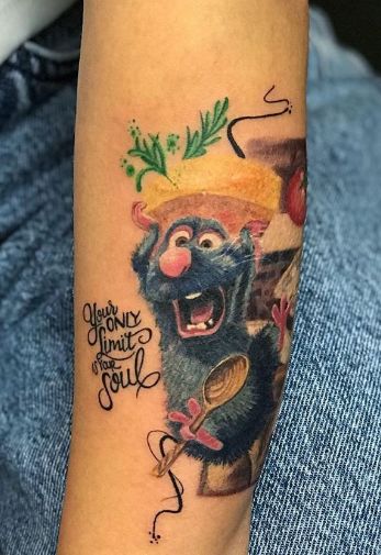 Ratatouille Tattoo Remy Tattoo Ratatouille, Ratatouille Tattoo Ideas, Remy Tattoo, Ratatouille Tattoo, Mickey Mouse Tattoo, Chef Tattoo, Lily Flower Tattoos, Stitch Tattoo, Mouse Tattoos