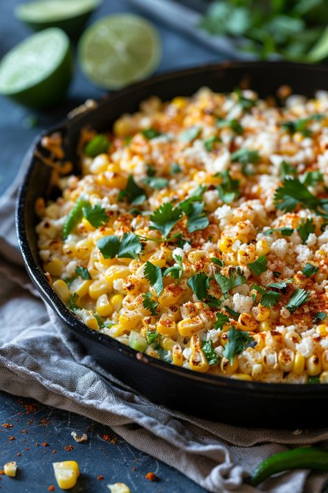 Elote corn in a skillet topped with cheese, cilantro, and spices, with lime wedges in the background. Mexican Corn Dishes Recipes, Mexican Style Side Dishes, Healthy Elote Recipe, Mexican Corn Skillet, Skillet Mexican Street Corn Recipe, Sauteed Corn Mexican, Loose Corn Recipe, Easy Elote Recipe With Canned Corn, Elote Recipe Skillet