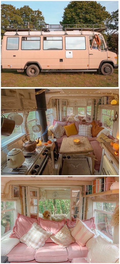 Josie, a self-employed dancer in the UK, transformed a 2002 Mercedes Vario minibus into a charming, fully-functional  home on wheels. The interior boasts a cozy, country-style kitchen made from reclaimed materials, a homemade sofa from recycled items, and an innovative sleeping area with distinct living and bedroom spaces separated by mirrored  shutters. The van includes a composting toilet and a recirculating shower  system. #tinyhome #busconversion #skoolie Small House Organization, Tiny House Camper, House Storage, Bus Living, Tiny House Builders, Bus House, Houses Ideas, Quaint Cottage, Van Life Diy