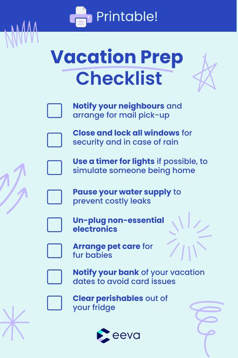 Printable checklist containing list items for vacation preparation Prep Checklist, Vacation Prep, Summer Schedule, Vacation Family, Life Management, Home Management, Family Plan, Bucket Lists, Summer Months