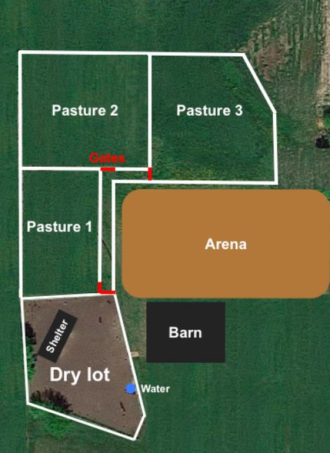 1 Acre Pasture Layout, Livestock Farm Layout, Pasture Horse Feeding Station, Horse Field Ideas, Pasture Drag Diy, Horse Field Layout, Horse Paddock Ideas Layout, Horse Property Layout 2 Acres, Goat Pasture Layout