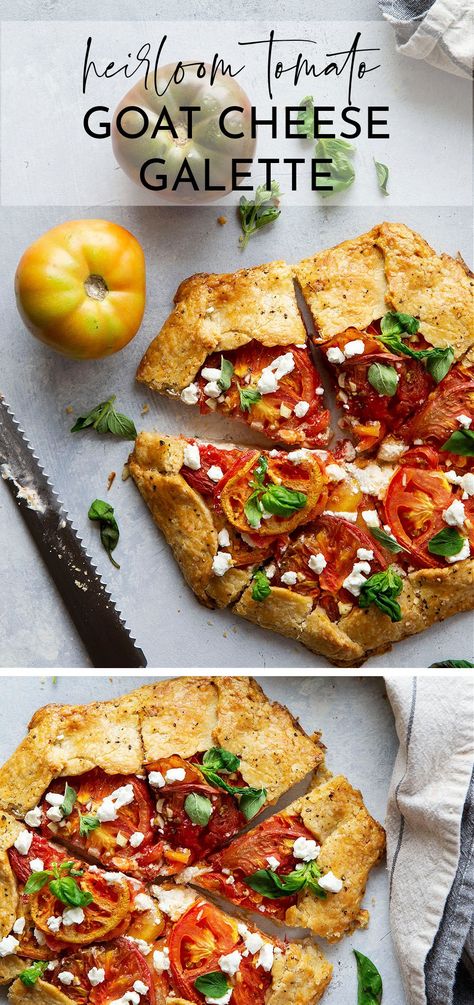 Creamy goat cheese and juicy heirloom tomatoes star in this savory tomato goat cheese galette that's a perfect lighter summer lunch or dinner! Tomato Basil Tart, Cream Cheese Crust, Lunch Spread, Rustic Tart, Heirloom Tomato Tart, Tomato Galette, Summer Appetizer Recipes, Savory Baking, Salt Recipes