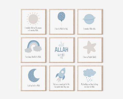 Islamic Wall Art for Boy's Room, Set of 9 Inspirational Muslim Posters for Kids, Islamic Gifts Children, Blue Nursery Decor Little Muslim Islamic Nursery Decor, Anniversary Cards For Him, Ramadan Poster, Blue Nursery Decor, Blue Nursery, Baby Prep, Islamic Wall Art, Islamic Gifts, Gifted Kids