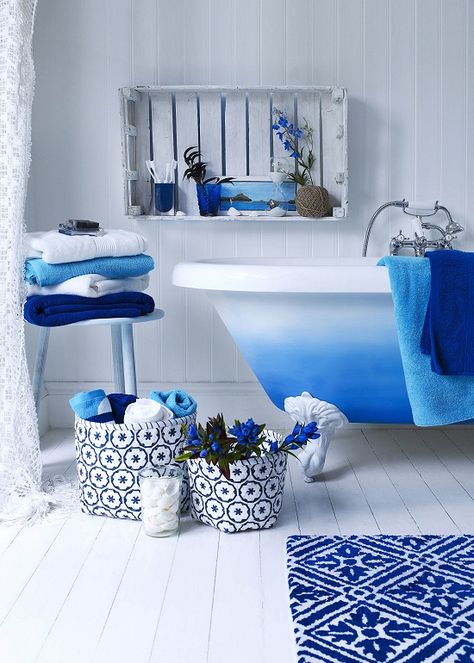 Blue And White Bathroom, Blue Bathrooms Designs, Blue Bathroom Accessories, Bathroom Blue, Greek Decor, Blue Bathroom Decor, Trendy Bathroom, Blue Bathroom, Marble Bathroom