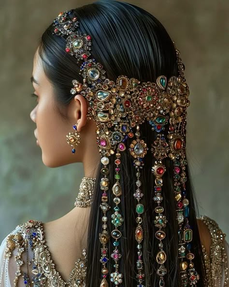 Rajasthani Hairstyle, Persian Accessories, Bejeweled Hair, Indian Royalty, Indian Queen, Ethno Style, Hair Jewels, Fancy Jewellery Designs, Headpiece Jewelry