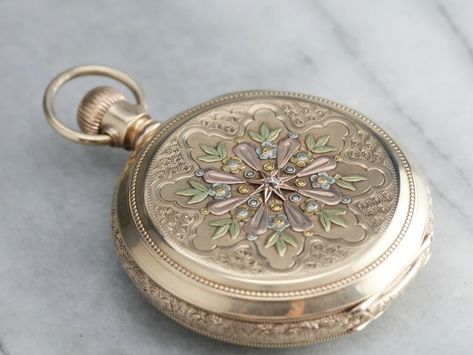 Antique Pocket Watches Gold Pocket Watch, Pocket Watch Antique, Vintage Pocket Watch, Art Nouveau Jewelry, Pocket Watches, Antique Roses, Roman Numerals, Floral Designs, Stainless Steel Bracelet