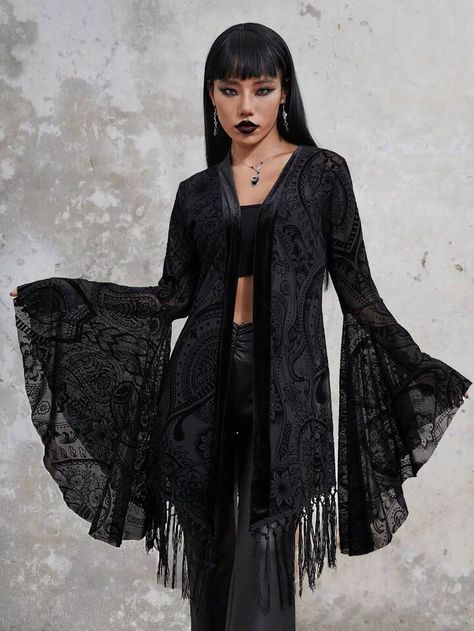 ROMWE Goth Paisley Print Fringe Hem Bell Sleeve Mesh Top | SHEIN Sheer Duster, Fringe Shawl, Kimono Duster, Witch Outfit, Eclectic Fashion, Gothic Outfits, Grunge Style, Dark Fashion, Flared Sleeves