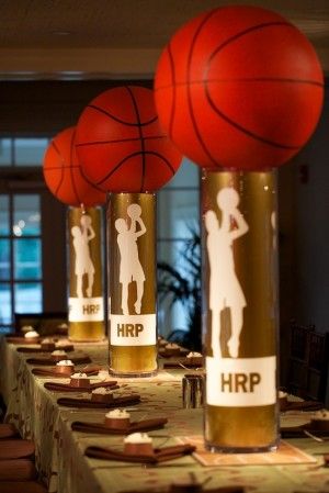 Basketball Centerpieces, Sports Centerpieces, Bar Mitzvah Centerpieces, Mitzvah Centerpieces, Basketball Theme Party, Mitzvah Decor, Sports Banquet, Ball Logo, Bat Mitzvah Party