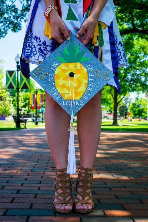 My future looks eventful. Colourful pineapple themed grad cap design. // follow us @motivation2study for daily inspiration Hospitality Graduation Cap Ideas, Hospitality Graduation Cap, Graduation Cap Images, Grad Cap Design, Interviewing Tips, Grad Hats, Graduation Boards, Grad Picture Ideas, Disney Graduation