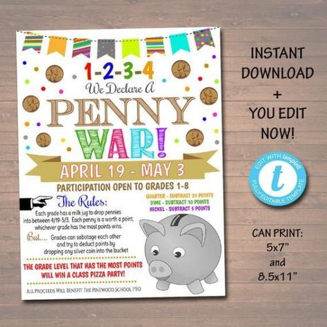 EDITABLE Penny War Fundraiser Flyer Printable Handout School Fundraiser Event Church Nonprofit PTO PTA Event Instant Download Template #schooleventdress #school #event #dress Penny Wars, Pta Organization, Pta Fundraising Ideas, School Fundraising Events, School Fundraising Ideas, Fundraising Games, Charity Work Ideas, Unique Fundraisers, Pta Fundraising