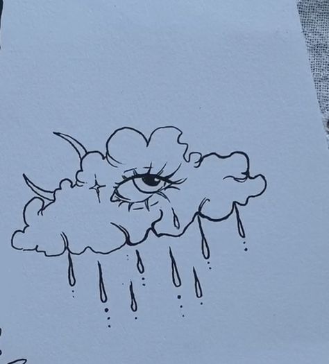 Crying Cloud Tat, Tears Of Rain Tattoo, Clouds Outline Drawing, Rain And Moon Tattoo, Cool Cloud Drawings, Dark Cloud Drawing, Cloud With Eyes Tattoo, Rain Clouds Tattoo, Trippy Clouds Drawing