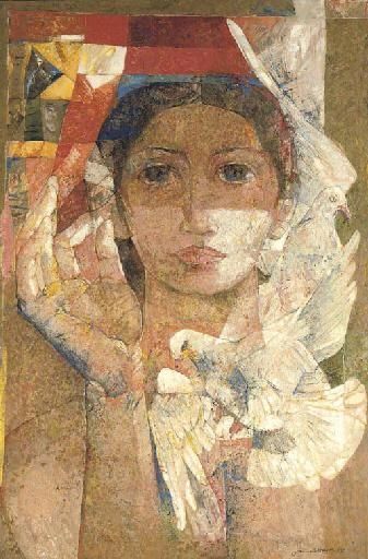 Artwork by Jamil Naqsh, Untitled (Woman with Doves), Made of oil on canvas Pakistani Art, Fine Art Portraiture, Art Painting Gallery, Encaustic Art, Daily Painting, Abstract Portrait, Native Art, Modern Painting, Indian Art