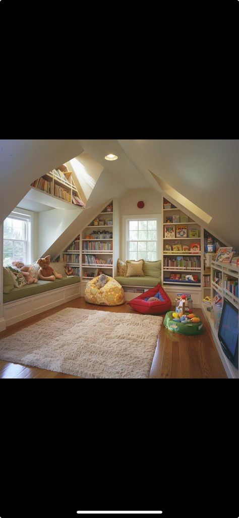 Sophisticated Playroom Ideas, Walk In Closet Playroom, Upstairs Playroom Ideas, Vaulted Playroom, Kids Loft Playroom, Loft Playroom Ideas Upstairs, Secret Playroom, Upstairs Loft Ideas, Sunroom Playroom