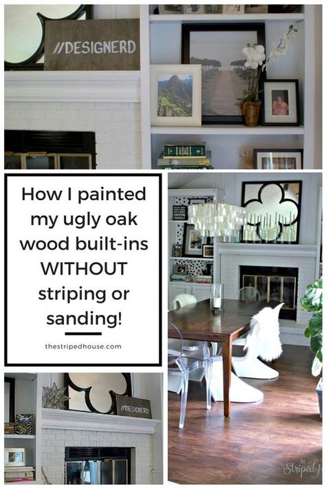 The easy way to makeover ugly oak built-in bookcases WITHOUT striping or sanding!  And it looks like a professional did it! Wood Built Ins, Home Decor Fireplace, Painted Built Ins, Do It Yourself Home Decor, Painting Oak Cabinets, Fireplace Built Ins, Decor Fireplace, Oak Bookcase, Pinterest Home