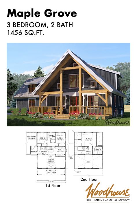 This gorgeous 3-bedroom, 2-bathroom timber frame home plan with a loft features its great room right next to the partially covered deck.   Download the floor plan below! 3 Bedroom Home Floor Plans With Loft, Chalet Floor Plans With Loft, A Frame Cabin Plans 3 Bedroom, 2 Bedroom With Loft House Plans, Cabin Plans 3 Bedroom, 3 Bedroom A Frame House Plans, A Frame Cabin Floor Plans, Timber Frame House Plans, House Plans With Loft